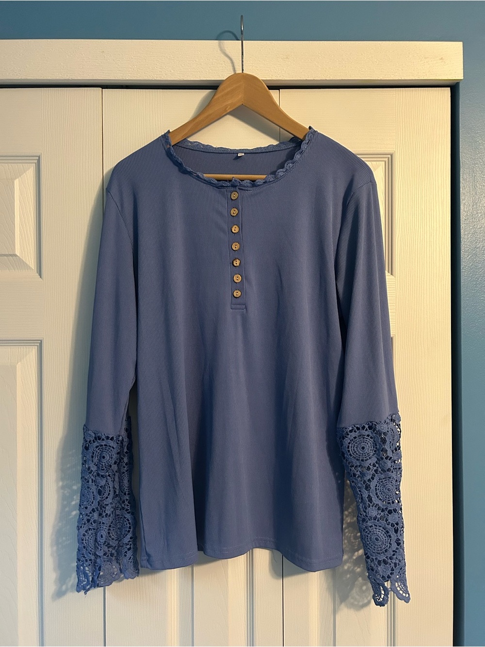 Women's Blue Long-Sleeve Lace-Sleeve Henley Top
